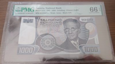 【世界钱币收藏】精选微拍第54期暨2023年第一期 新出分部分精品上拍 1983年奥地利1000先令 薛定谔 PMG66E全程无47尾号69