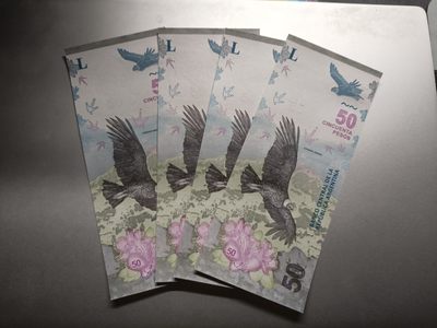 【专场20230102】新年大乱炖！——世界混合纸币专场 - 【拍品001】阿根廷2018版50比索全新UNC四张批量连号