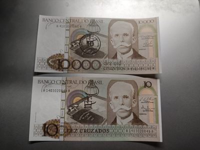 【专场20230102】新年大乱炖！——世界混合纸币专场 - 【拍品002】巴西1986年10克鲁扎多两种版本全新UNC首发冠AA