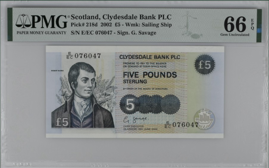 收藏联盟Quantum Auction 第223期拍卖 苏格兰克莱斯戴尔银行2002年5镑 PMG66