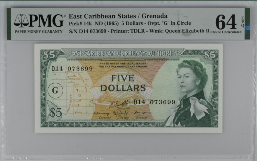 收藏联盟Quantum Auction 第223期拍卖 东加勒比国家(格林纳达)1965年5元 PMG64e 戎装女王