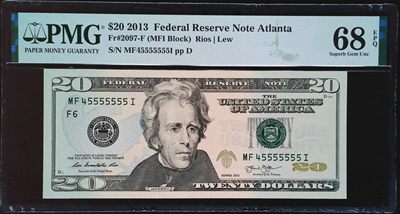 《家喻户晓》世界靓号纸钞第九期 - 2013年美国20美元 七同号麒麟号5555555 高分PMG68 非常难找的20面值高分靓号