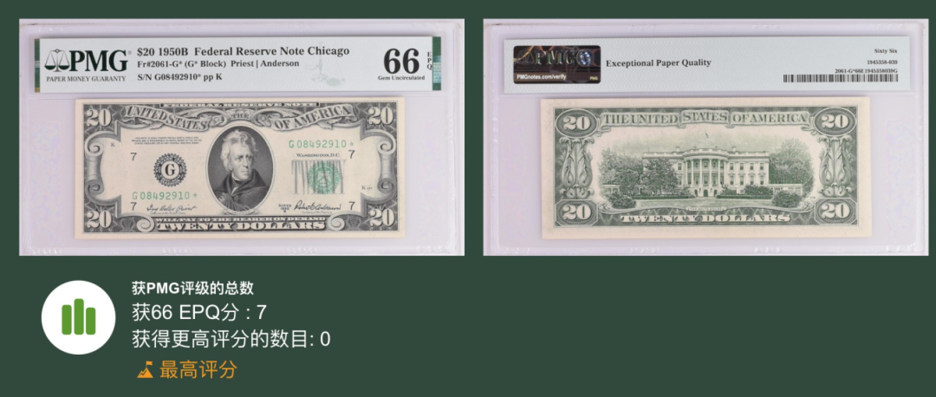 收藏联盟Quantum Auction 第223期拍卖 美国1950年联邦储备券20元 PMG66 稀少冠军分补号