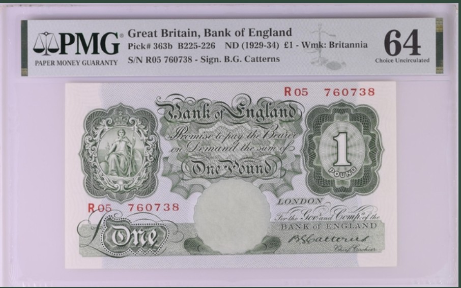 收藏联盟Quantum Auction 第223期拍卖 英国1929-34年1镑 PMG64 号码无4 早期年份