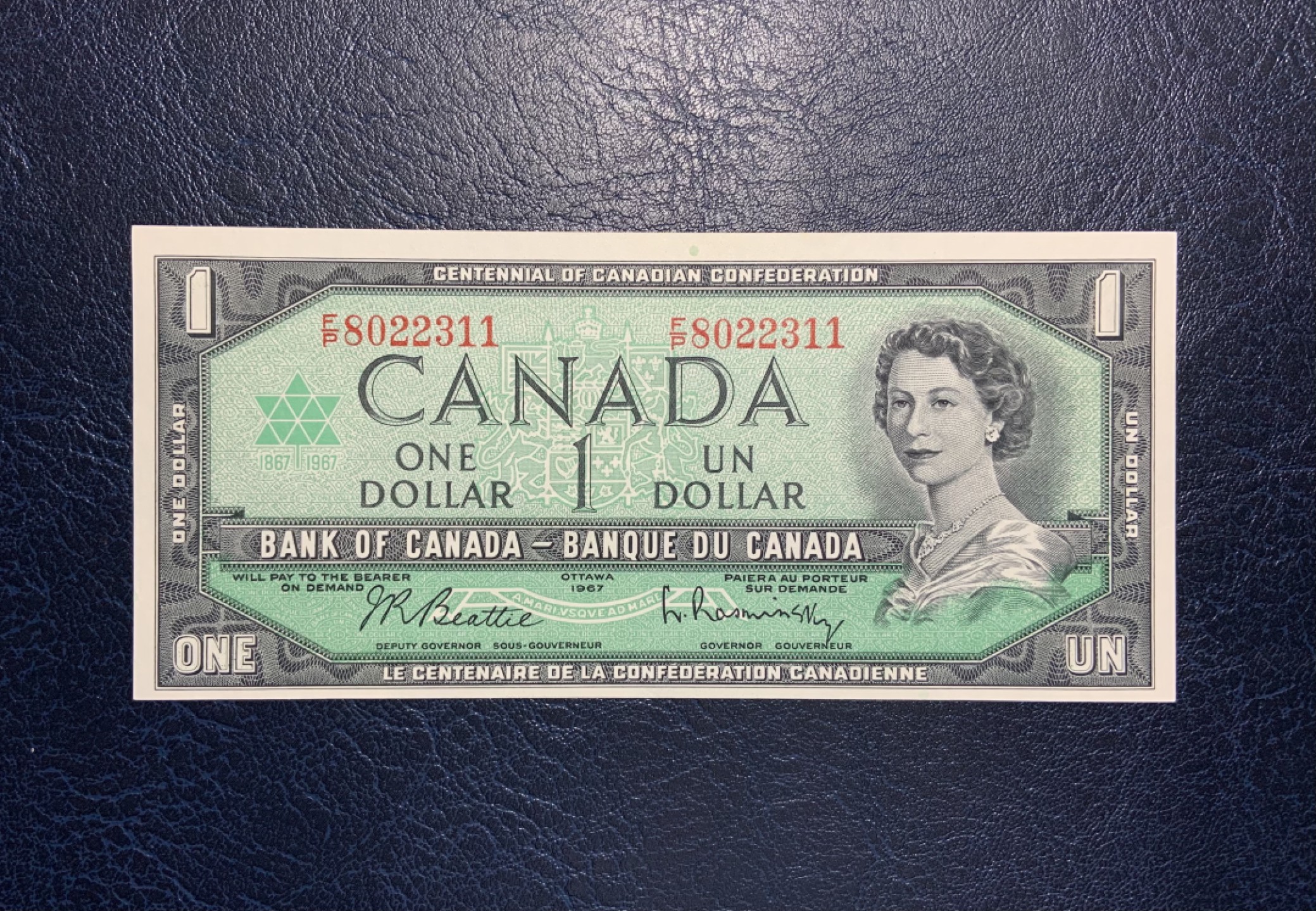 收藏联盟Quantum Auction 第223期拍卖 加拿大1967年1元国会100周年纪念钞 品相UNC- 稀少带编号版