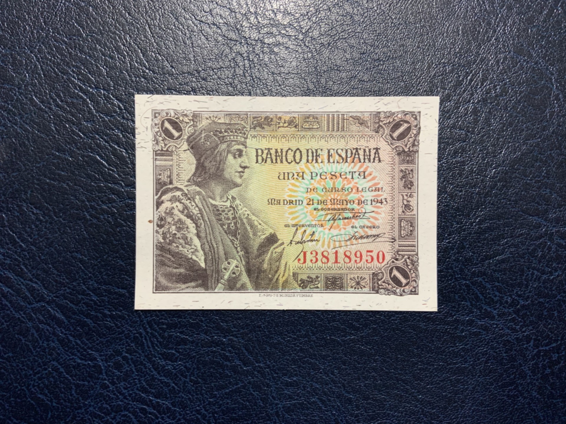 收藏联盟Quantum Auction 第223期拍卖 西班牙1943年1比索 品相UNC 左侧黑点为纸张杂质