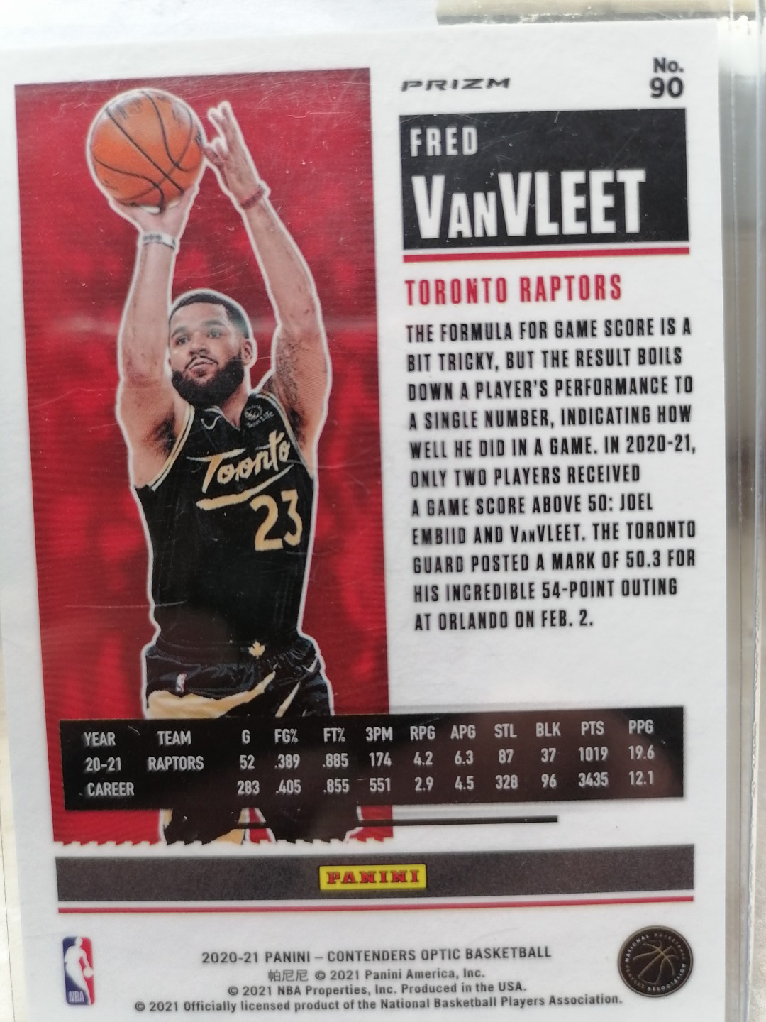 球星卡专场 2020-21-PANINI一球票一OP-BASKETBALL一90一多伦多猛龙一弗雷德 范弗利特