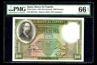 【Blue Auction】✨世界纸币精拍第275期【精】 -  西班牙 1931年1000比塞塔 最高值 未发行 PMG66EPQ 高分 背面大场景实物雕刻非常精美 索里利亚-莫拉尔（José Zorrilla y Moral，1817—1893）是西班牙著名浪漫主义诗人、剧作家，1889年被授予“民族诗人”称号