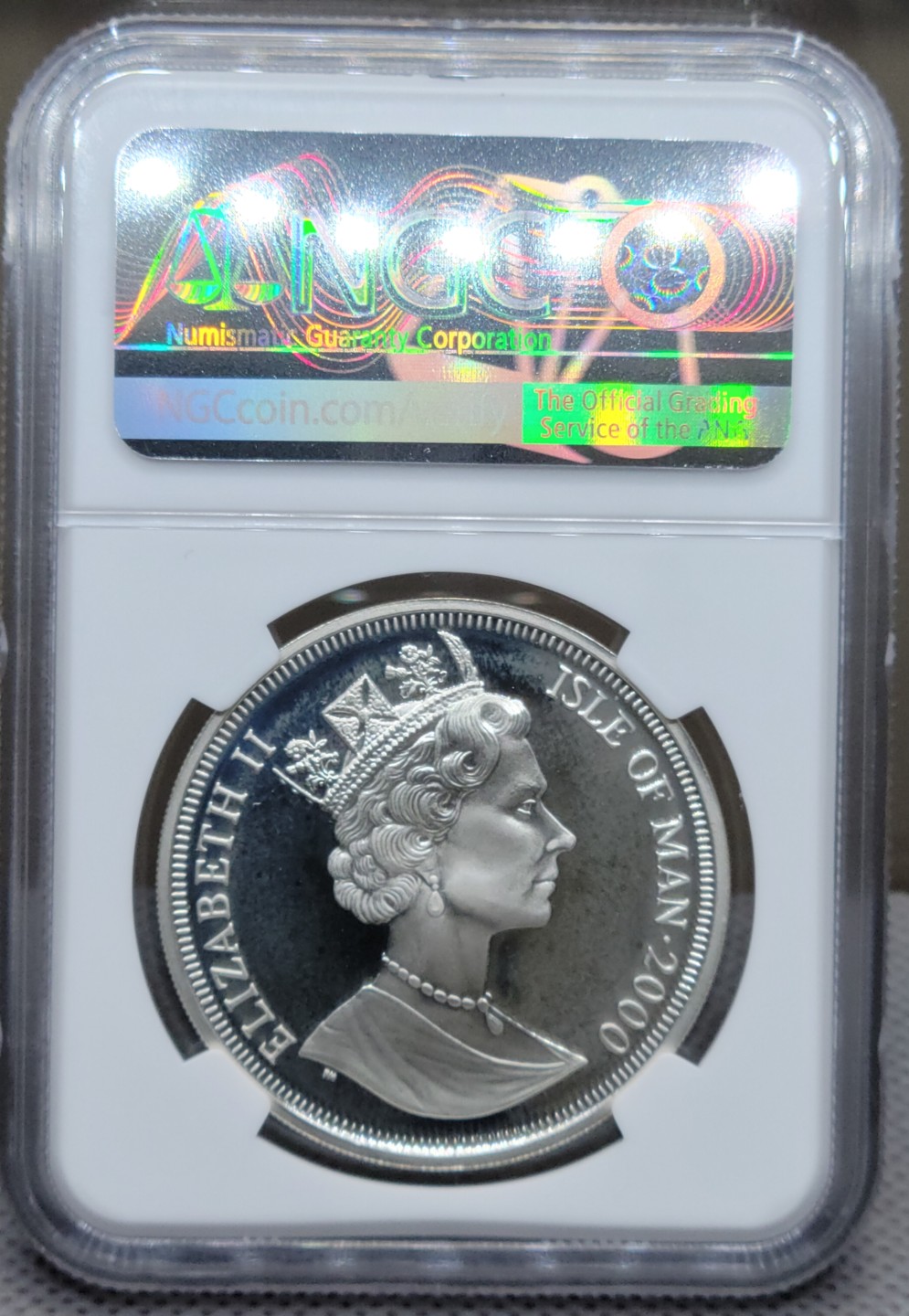马恩岛 – 2000年千禧精密铸造银表冠，.925 1盎司银38.6毫米，NGC PF 67超浮串