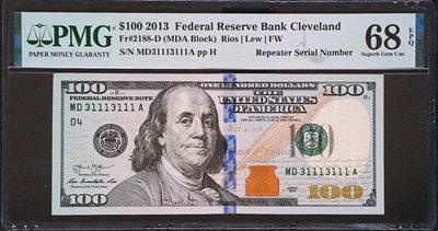 《家喻户晓》世界靓号纸钞第九期 - 2013年美国100美元 数二超级靓号 31113111重复号双豹子倒影号 PMG68超高分