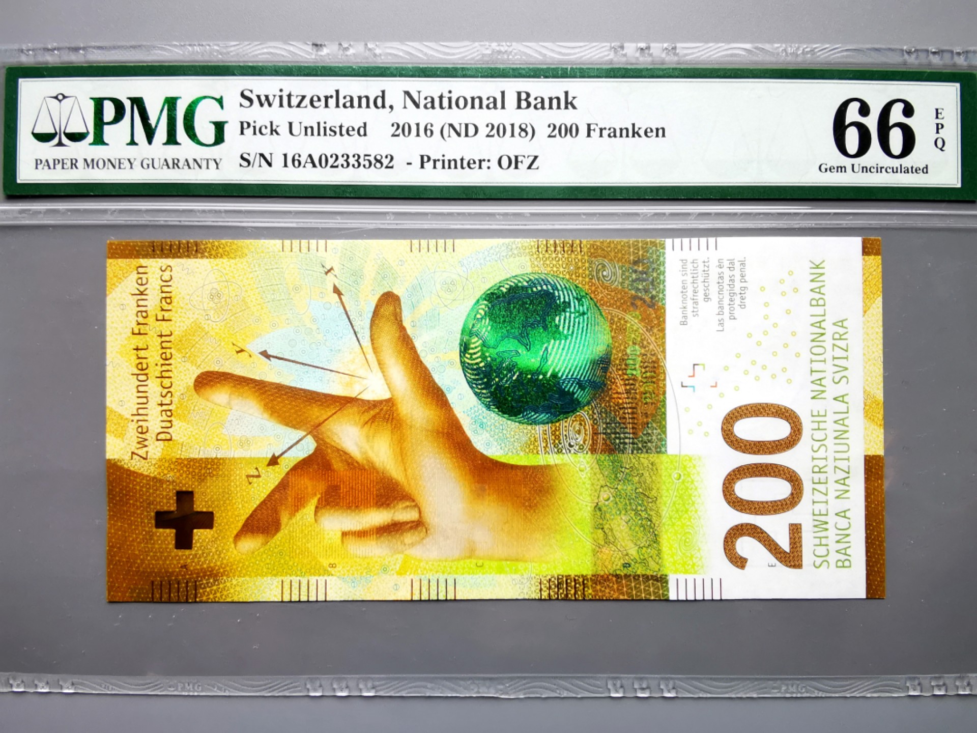 《崇甫堂》-PMG评级世界纸钞专场V 2016年 瑞士新版200瑞士法郎 首发冠16A PMG-66