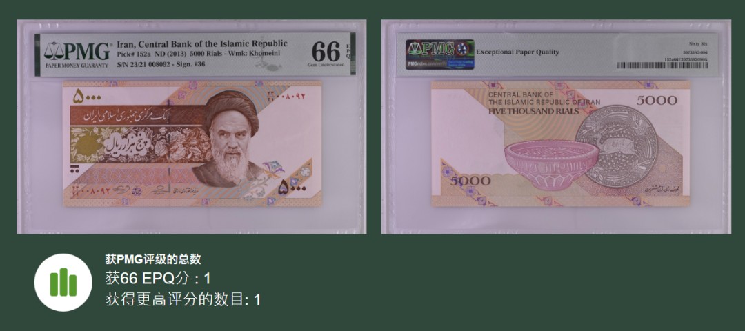 《张总收藏》86期——外币荟萃 伊朗2013年5000里亚尔PMG66E亚军分号码不错