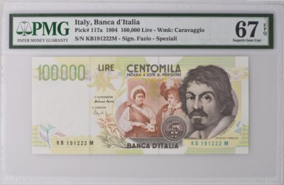 《张总收藏》86期——外币荟萃 - 意大利1994年a版100000里拉PMG67E高分难得 无47豹子号222