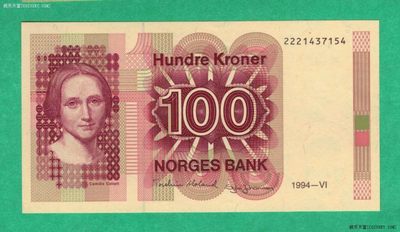挪威1994年100克朗 222豹子头 P-43e 欧洲纸币 实物图 UNC - 挪威1994年100克朗 222豹子头 P-43e 欧洲纸币 实物图 UNC