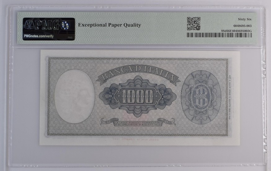 收藏联盟Quantum Auction 第224期拍卖 意大利1961年1000里拉 PMG66 取材波提切利名画《美惠三女神》