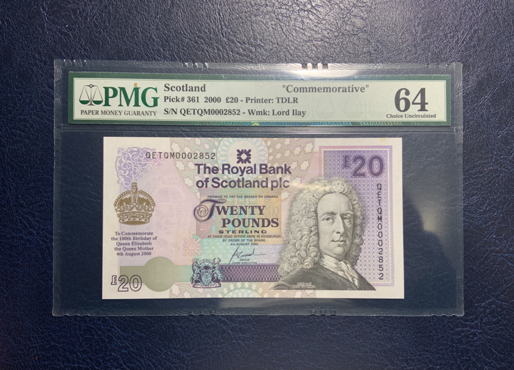 收藏联盟Quantum Auction 第224期拍卖 苏格兰2000年20镑王太后生日纪念钞 PMG64