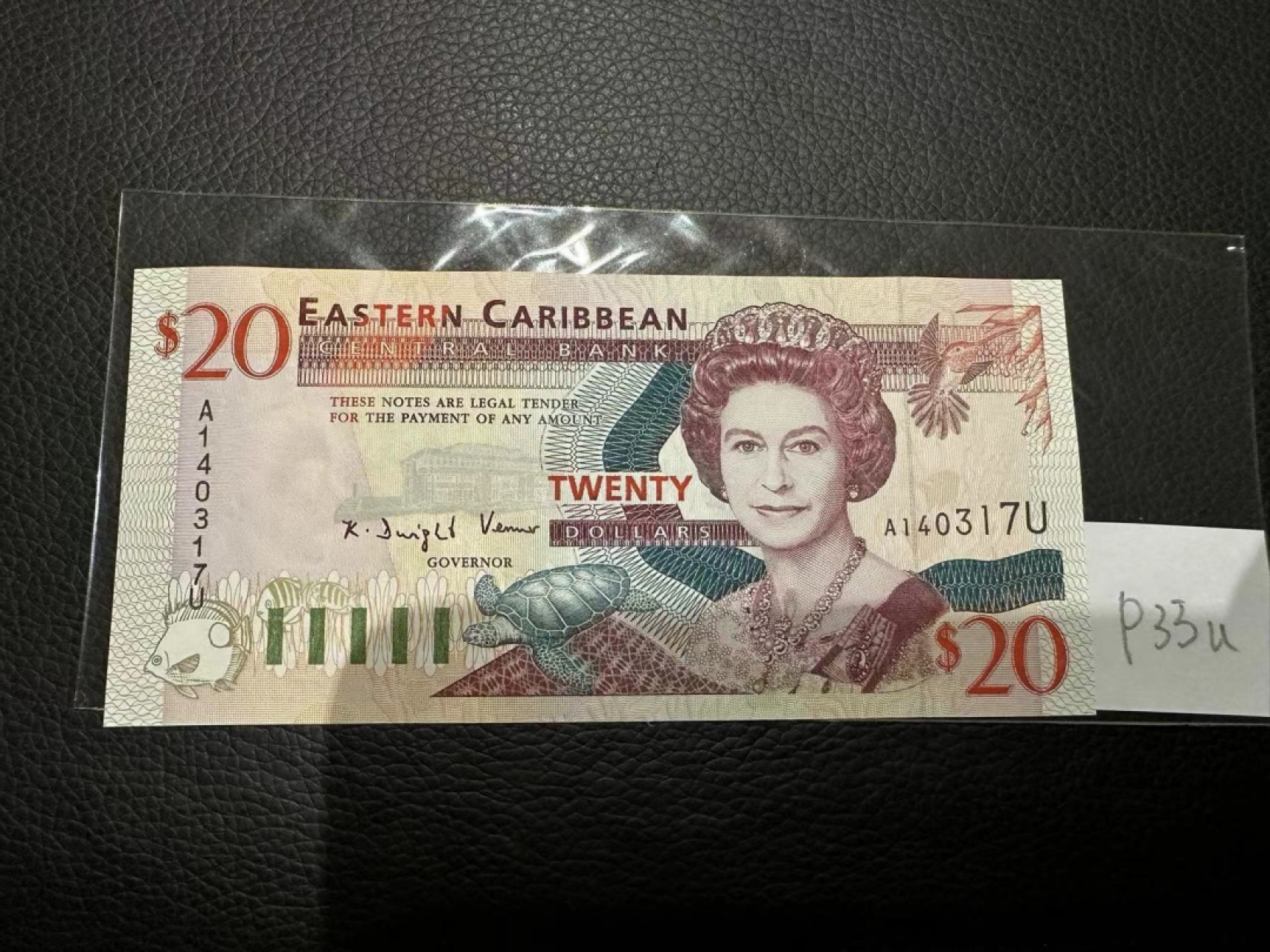 《外钞收藏家》第二百三十期英国女王专场（百慕大与东加勒比） 东加勒比1994年版20元，后缀U（安圭拉）	P33u 全新UNC