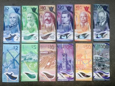 63rd，巴哈马10元Hybrid复合钞，A首发冠和巴巴多斯2元Polymer塑料钞 H69首发冠 - 巴巴多斯2-5-10-20-50-100元，全套