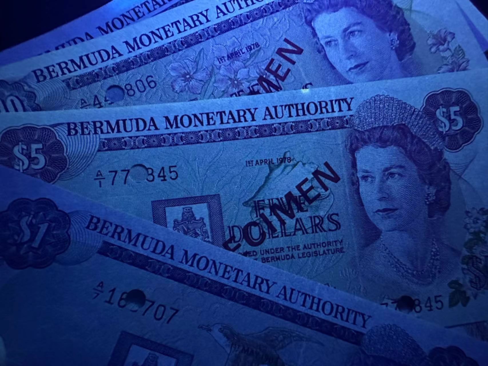 《外钞收藏家》第二百三十期英国女王专场（百慕大与东加勒比） 百慕大1978-84年1-100元收藏版全套6枚（以样本券的形式出现）	CS1 全新UNC 5面额有一个黄斑