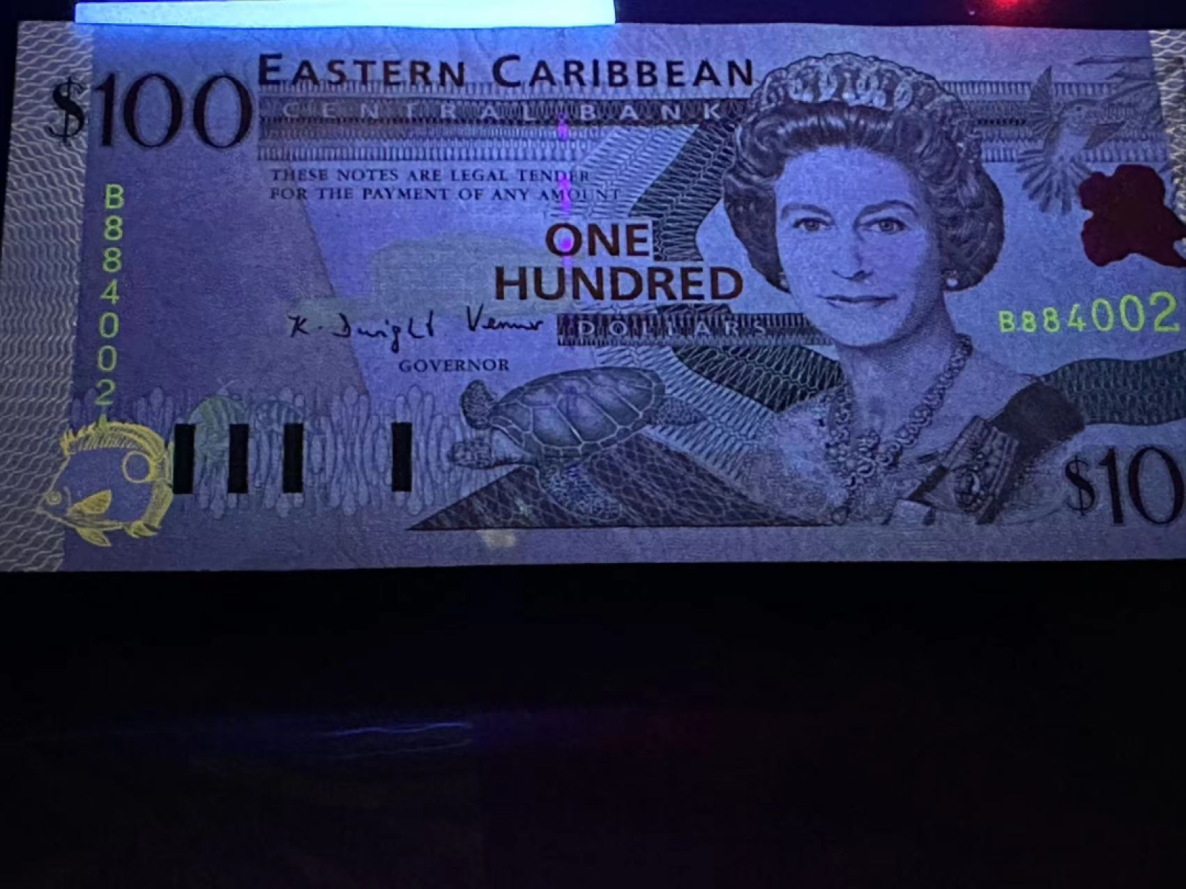 《外钞收藏家》第二百三十期英国女王专场（百慕大与东加勒比） 东加勒比2000年版100元金标，后缀A（安提瓜）	P41a 全新 有一个黄斑