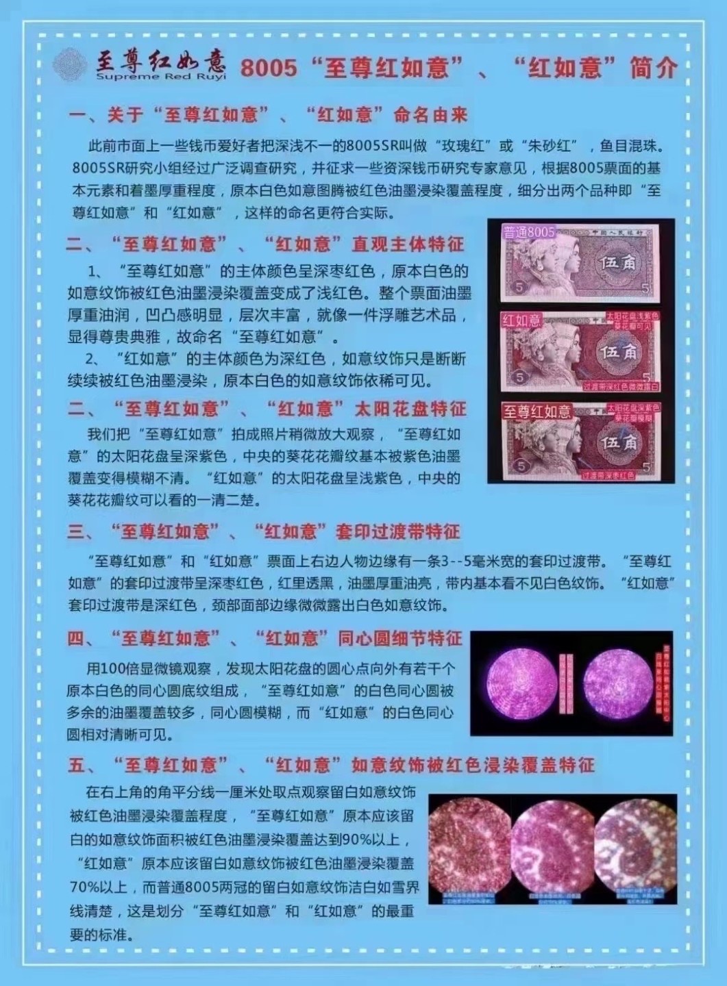 一线荧光币第46期拍场 8005SR至尊如意红，SR04670971_80，裸币标十。至尊红如意的主体颜色呈深枣红色，原本白色的如意纹饰被红色油墨浸染覆盖变成了红色。整个票面油墨厚重油润，凹凸感明显，层次丰富，就像一件浮雕艺术品，显得尊贵典雅，故命名至尊红如意潜力股色差币，一眼清品种