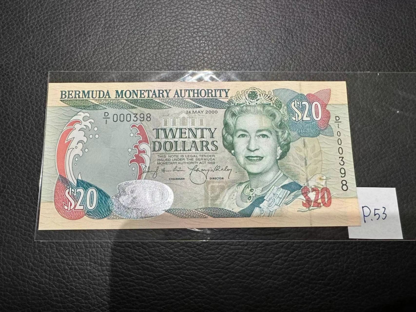 《外钞收藏家》第二百三十期英国女王专场（百慕大与东加勒比） 百慕大2000年20元，398号券	P53 全新UNC
