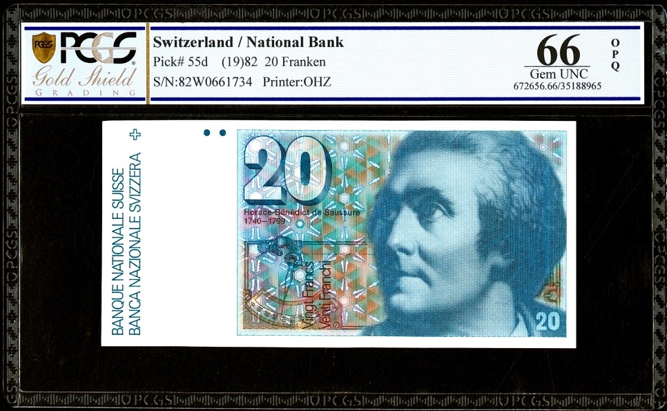 【Blue Auction】✨世界纸币精拍第278期——小年特辑【精】 【p55d】瑞士 1982年20法郎 PCGS66EPQ 