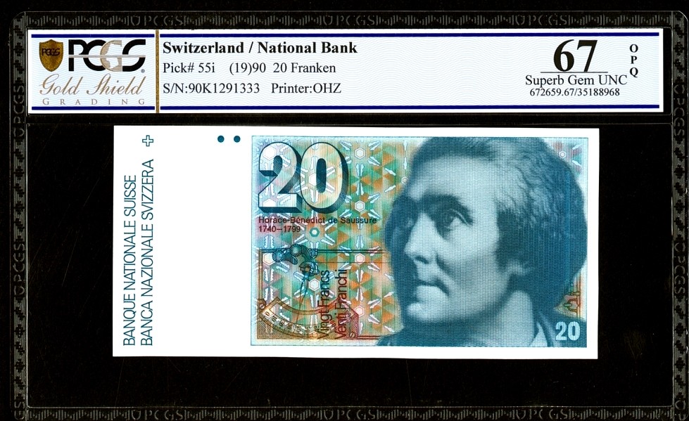 【Blue Auction】✨世界纸币精拍第278期——小年特辑【精】 【333豹子号无47 p55i】瑞士 1990年20法郎 PCGS67EPQ 