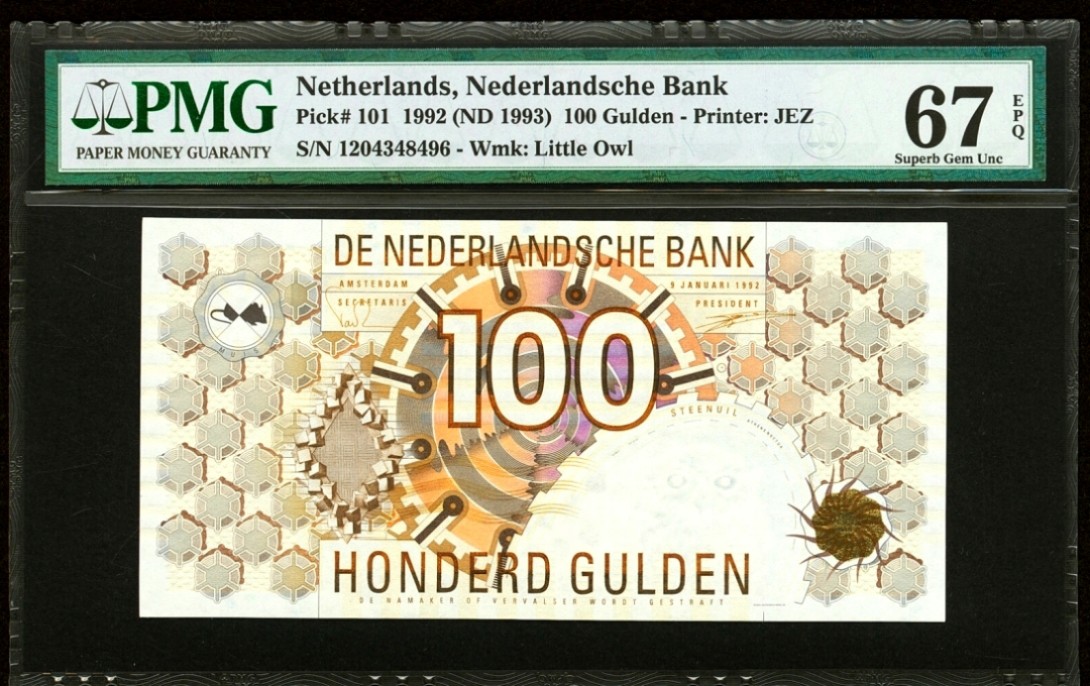 【Blue Auction】✨世界纸币精拍第278期——小年特辑【精】 荷兰 齿轮版 1992年100盾 PMG67EPQ 