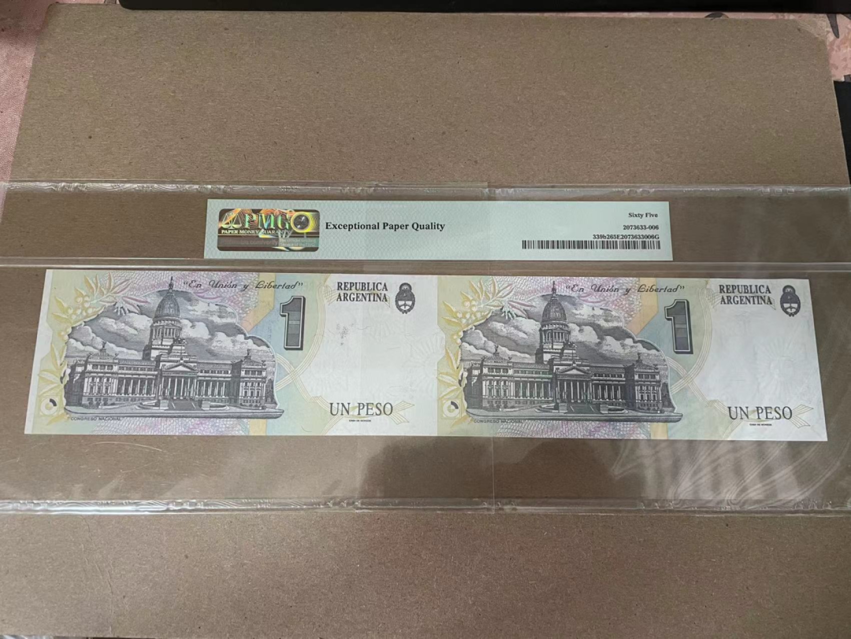 【Blue Auction】✨世界纸币精拍第278期——小年特辑【精】 【两连体】阿根廷 1993年1比索 PMG65EPQ 