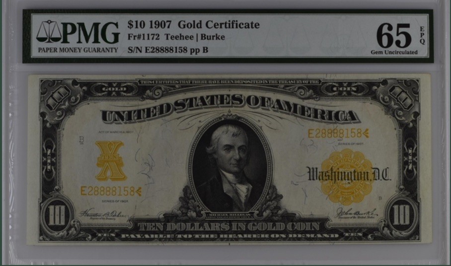 收藏联盟Quantum Auction 第224期拍卖 美国1907年10美元金币券 PMG65 号码无47且自带狮子号8888 全程无347尾8 美国白钞名誉钞