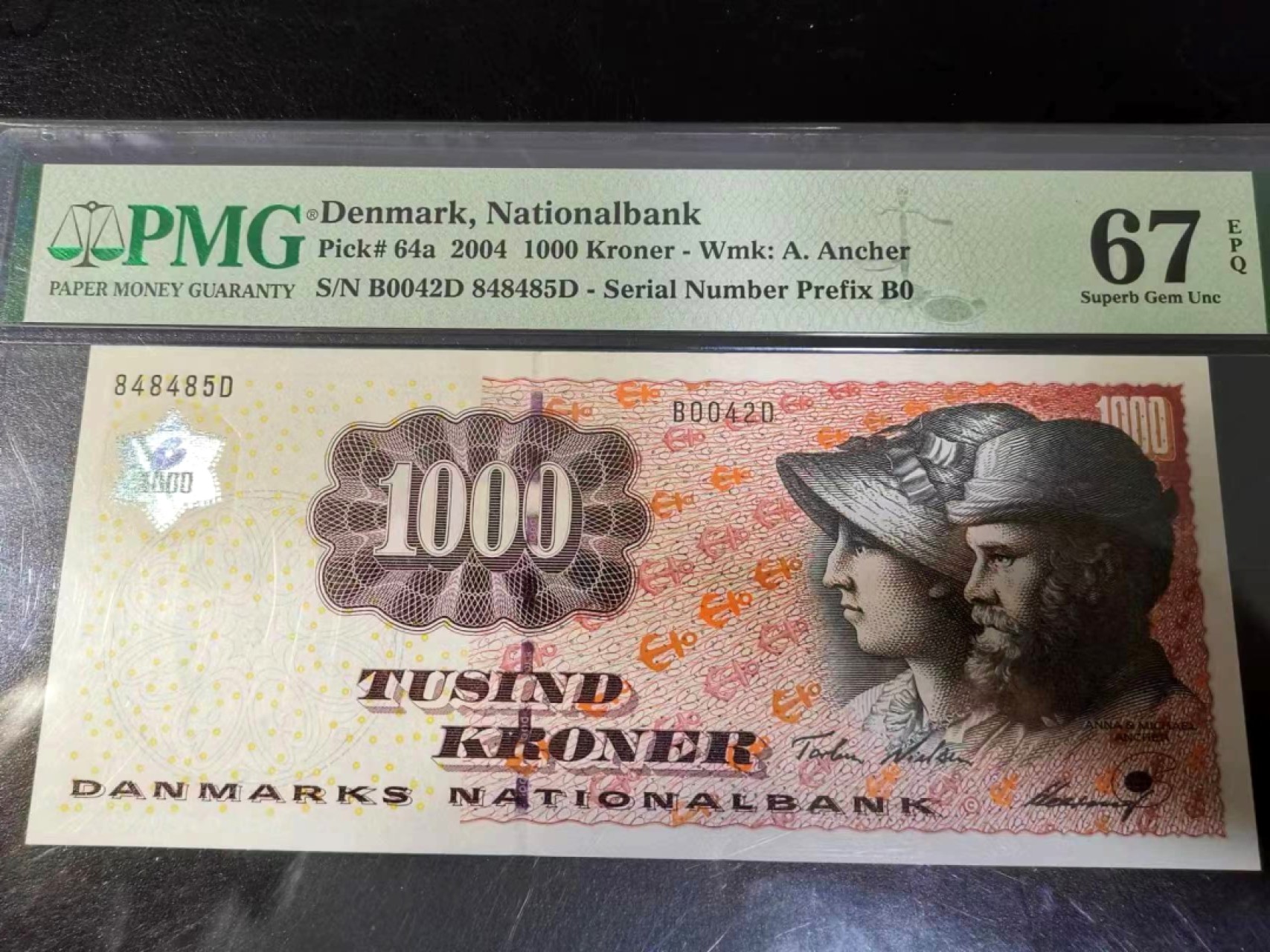 【Blue Auction】✨世界纸币精拍第278期——小年特辑【精】 【稀少签名】丹麦 2004年1000克朗 PMG67EPQ 浮雕版最高值 跟98初版同一签名 非04版常规签名