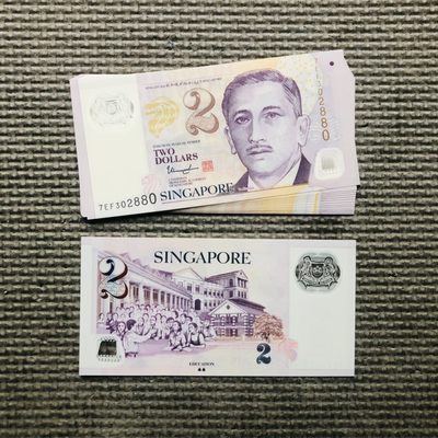 64th 卡塔尔2022年22里亚尔塑料钞（世界杯纪念钞）和爱尔兰银行5镑和10镑塑料钞，新加坡2元，两个房子新防伪点 - 新加坡2022年2元，两个房子防伪点 7EF302880