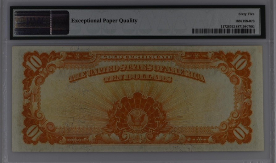 收藏联盟Quantum Auction 第224期拍卖 美国1907年10美元金币券 PMG65 号码无47且自带狮子号8888 全程无347尾8 美国白钞名誉钞