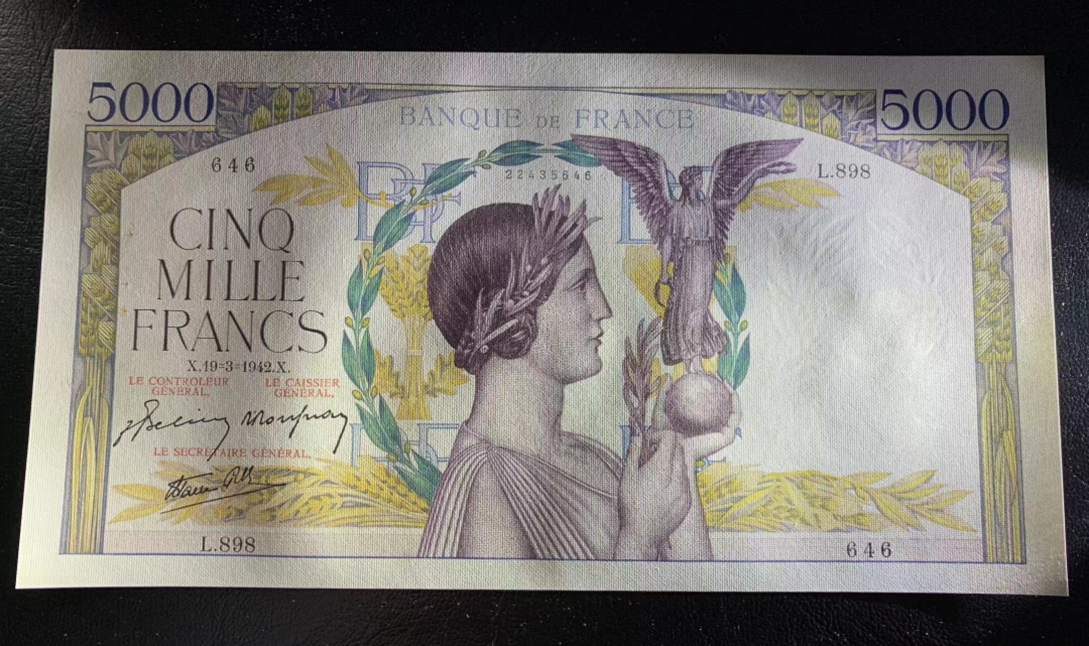 【Blue Auction】✨世界纸币精拍第278期——小年特辑【精】 【646雷达号】法国 1942年5000法郎 超大票幅 胜利女神 AU品相