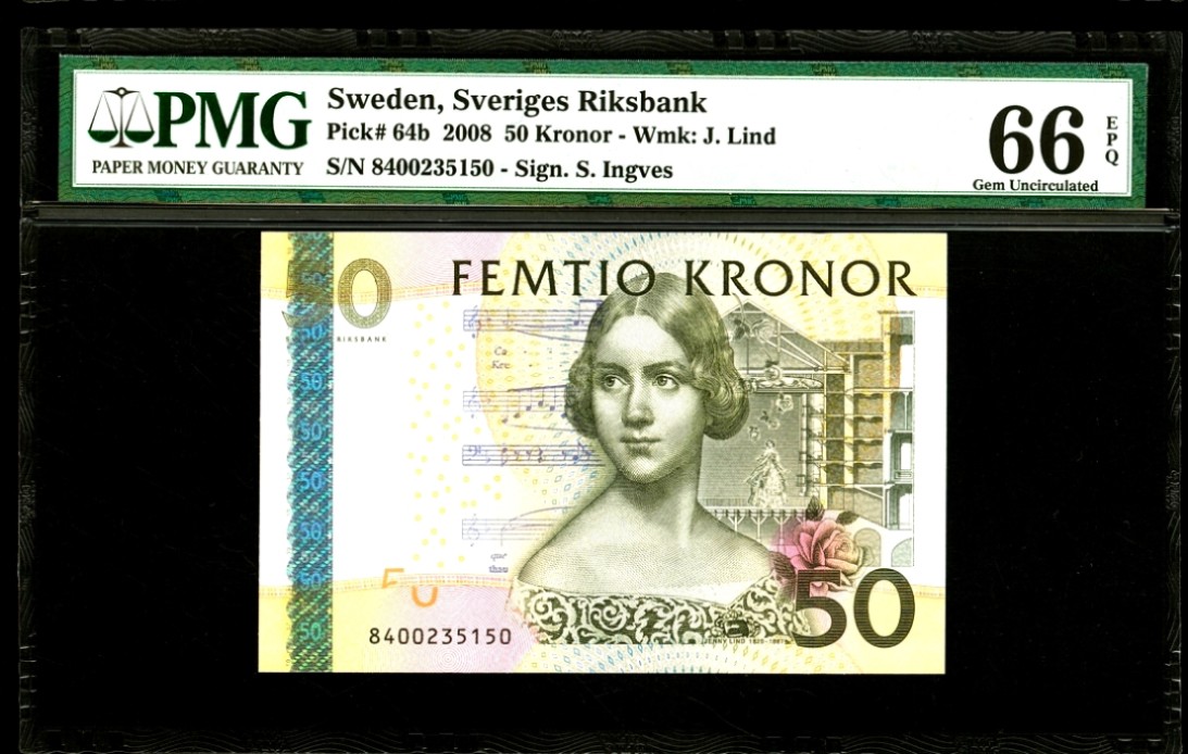 【Blue Auction】✨世界纸币精拍第278期——小年特辑【精】 瑞典 2008年50克朗 PMG66EPQ 夜莺