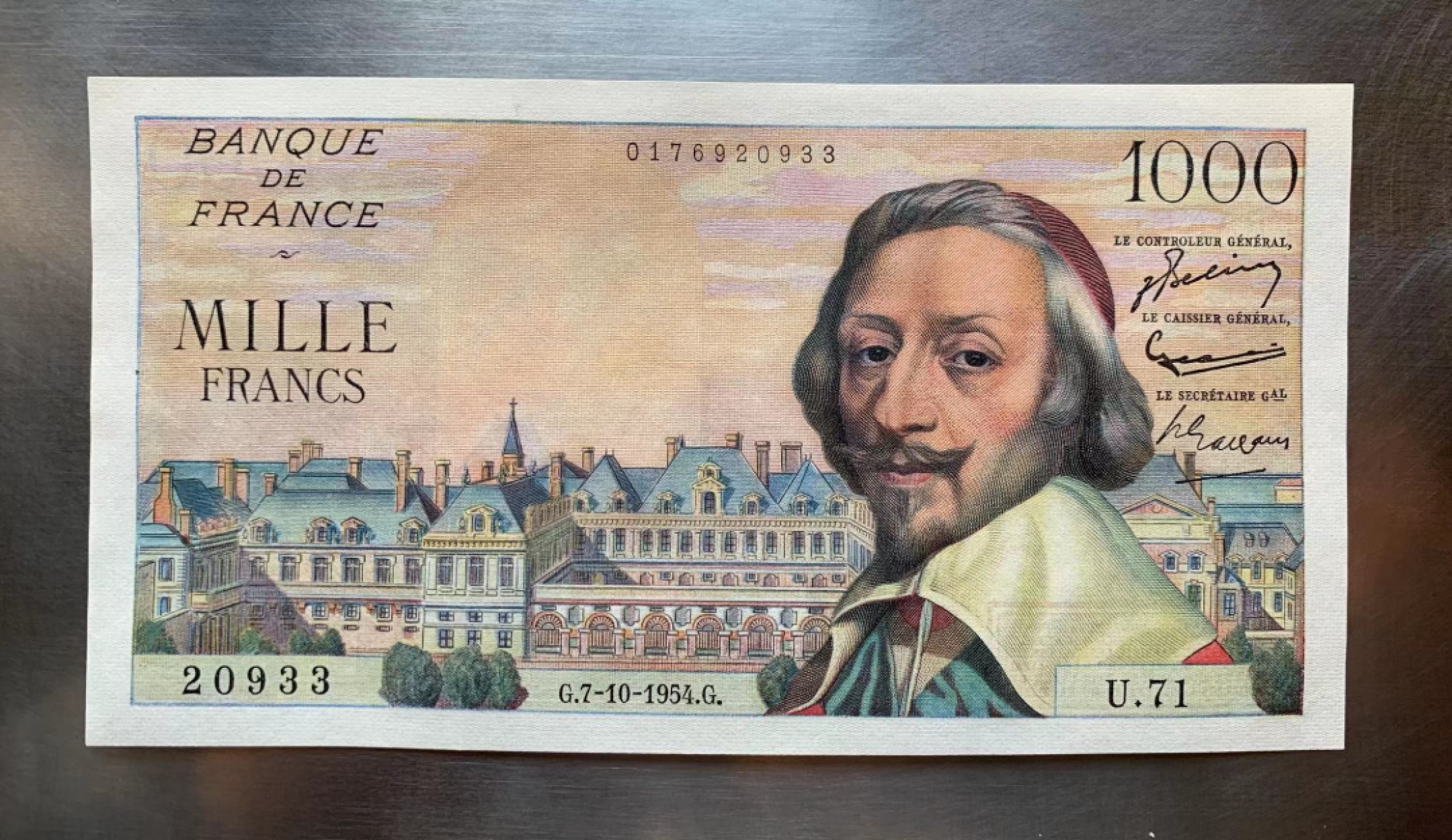 【Blue Auction】✨世界纸币精拍第278期——小年特辑【精】 法国 1954年1000法郎 改值前 红衣主教 UNC-针孔
