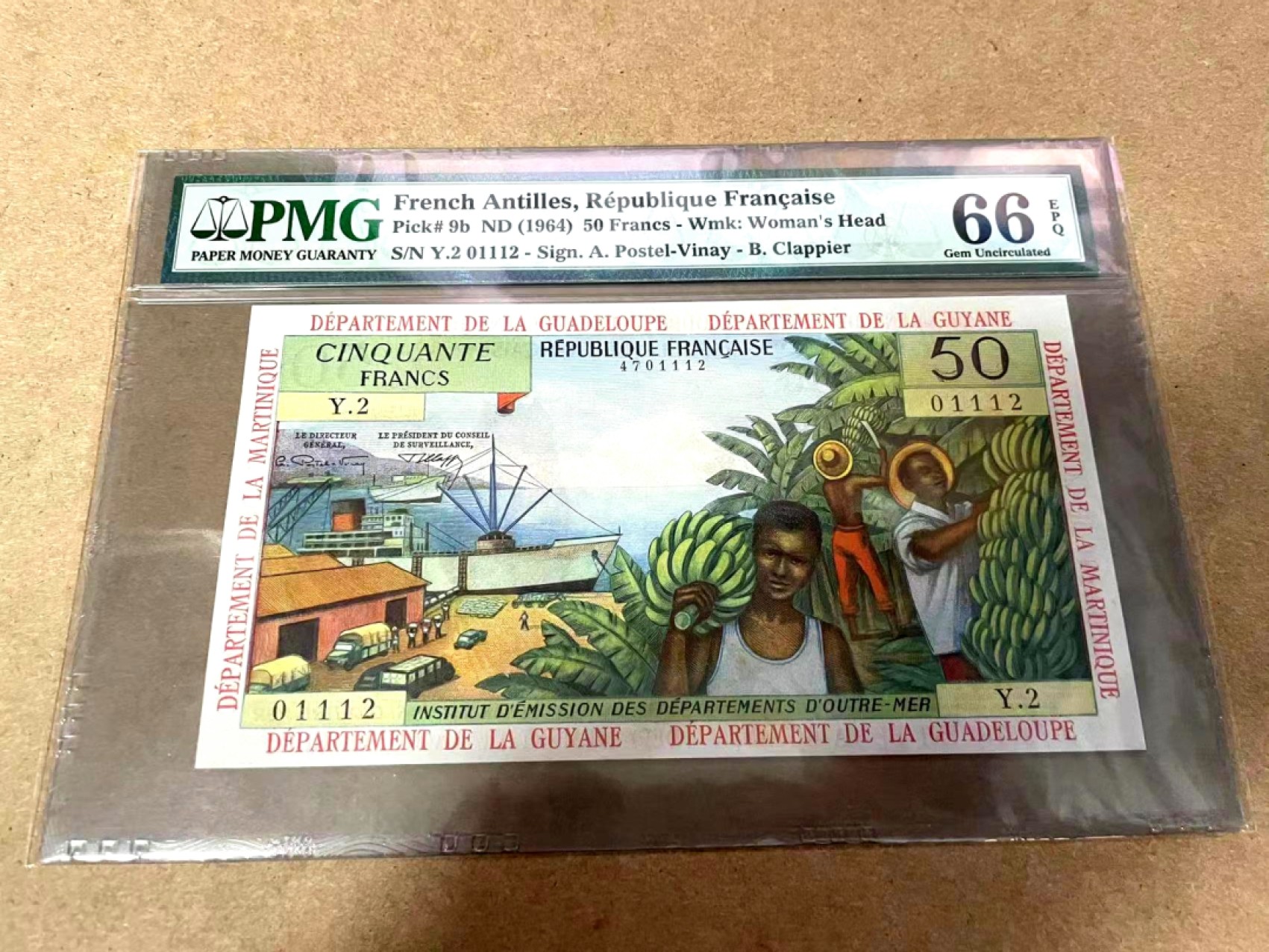 【Blue Auction】✨世界纸币精拍第278期——小年特辑【精】 【无47靓号】法属安的列斯 1964年50法郎 扛香蕉 PMG66EPQ 精美