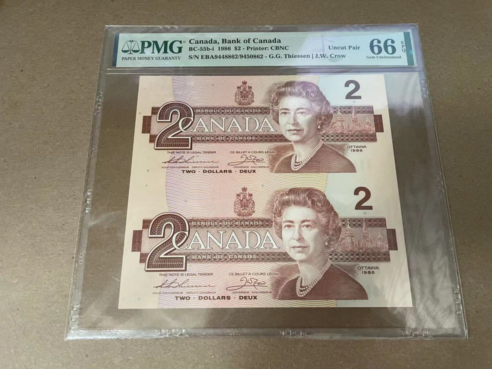 【Blue Auction】✨世界纸币精拍第278期——小年特辑【精】 【两连体】加拿大 1986年2元 PMG66EPQ 