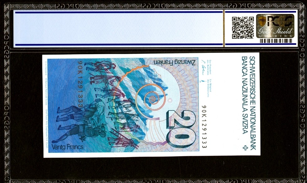 【Blue Auction】✨世界纸币精拍第278期——小年特辑【精】 【333豹子号无47 p55i】瑞士 1990年20法郎 PCGS67EPQ 