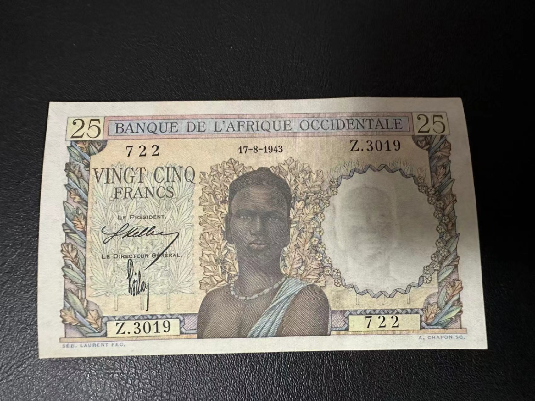 【Blue Auction】✨世界纸币精拍第278期——小年特辑【精】 法属西非 1943年25法郎 UNC- 