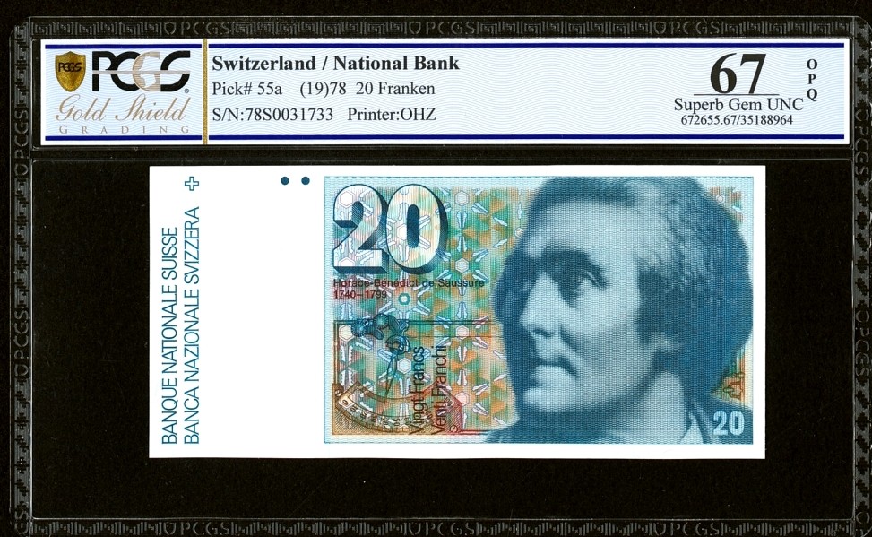 【Blue Auction】✨世界纸币精拍第278期——小年特辑【精】 【p55a 初版】瑞士 1978年20法郎 PCGS67EPQ 高分
