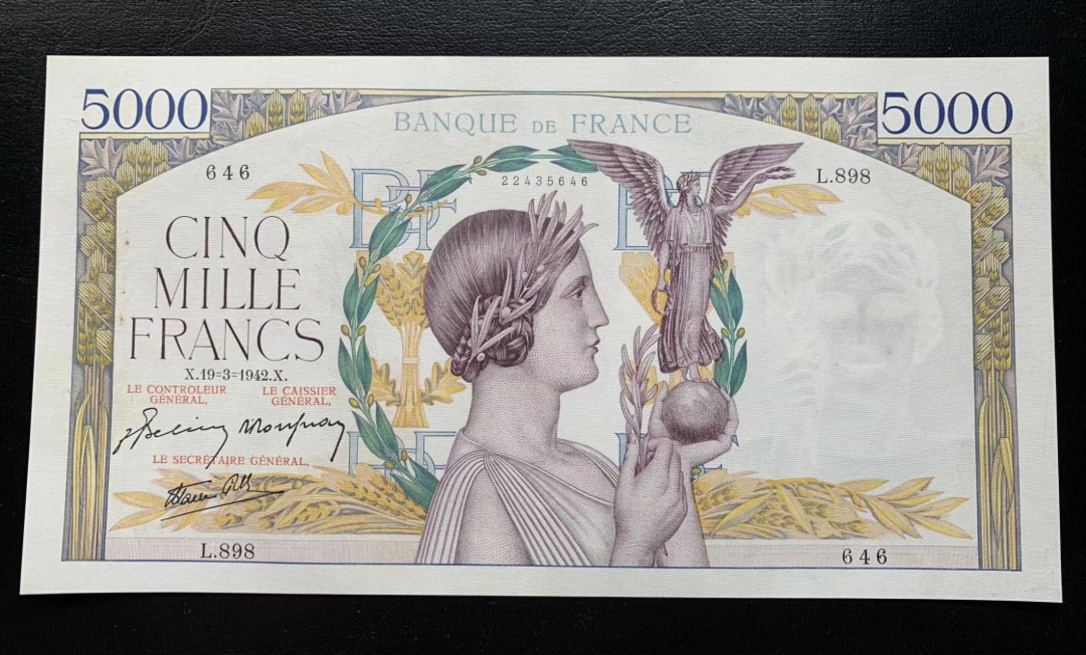 【Blue Auction】✨世界纸币精拍第278期——小年特辑【精】 【646雷达号】法国 1942年5000法郎 超大票幅 胜利女神 AU品相