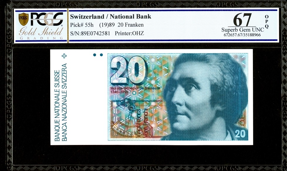 【Blue Auction】✨世界纸币精拍第278期——小年特辑【精】 【p55h】瑞士 1989年20法郎 PCGS67EPQ 