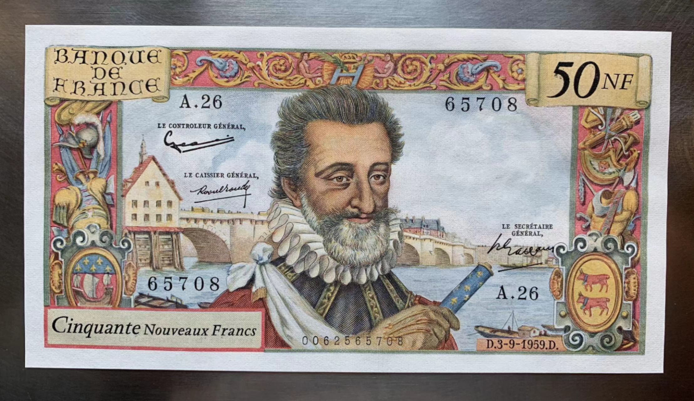 【Blue Auction】✨世界纸币精拍第278期——小年特辑【精】 法国 1959年50新法郎 亨利四世 AU+品相 