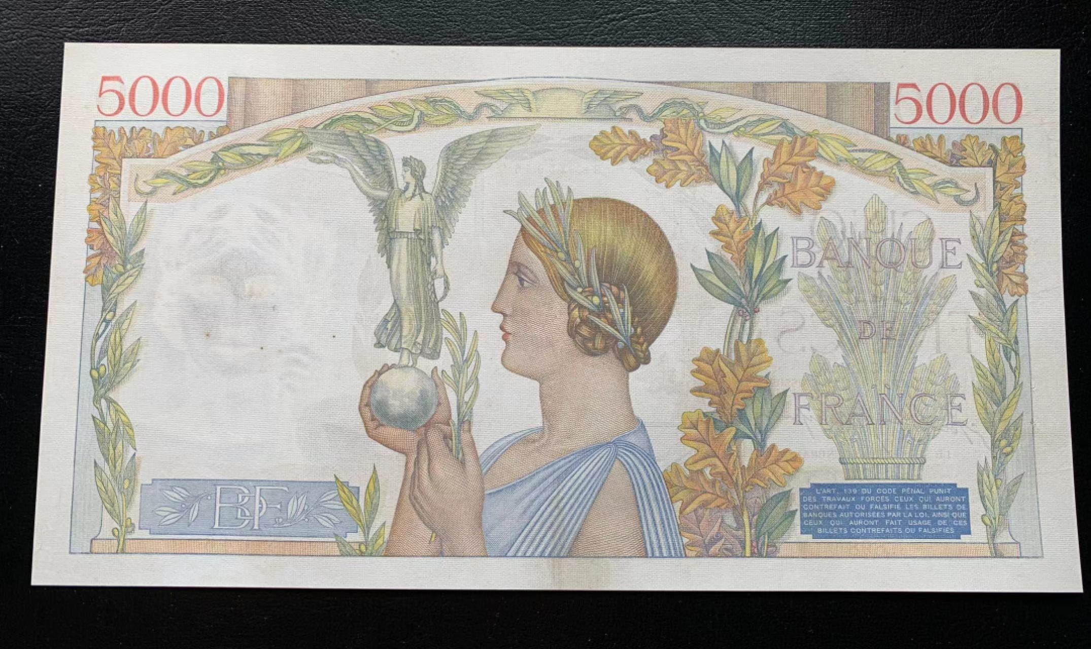 【Blue Auction】✨世界纸币精拍第278期——小年特辑【精】 【646雷达号】法国 1942年5000法郎 超大票幅 胜利女神 AU品相