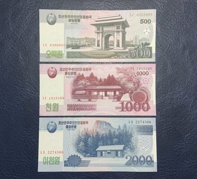 收藏联盟Quantum Auction 第224期拍卖 - 朝鲜2008年500-2000元 品相全新UNC 稀少无加盖版 其中1000元角有轻微瑕疵 1000为倒置号