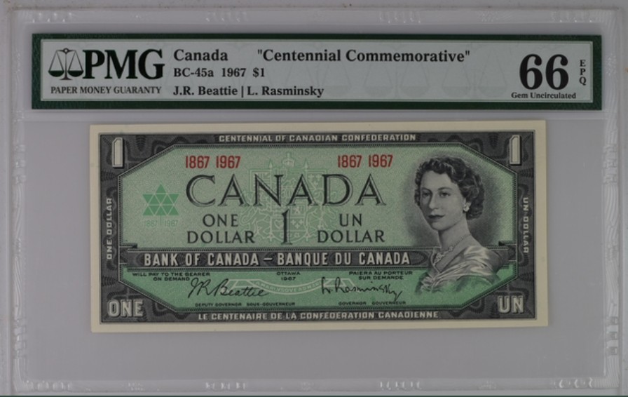 收藏联盟Quantum Auction 第226期拍卖 加拿大1967年1元议会纪念钞 PMG66
