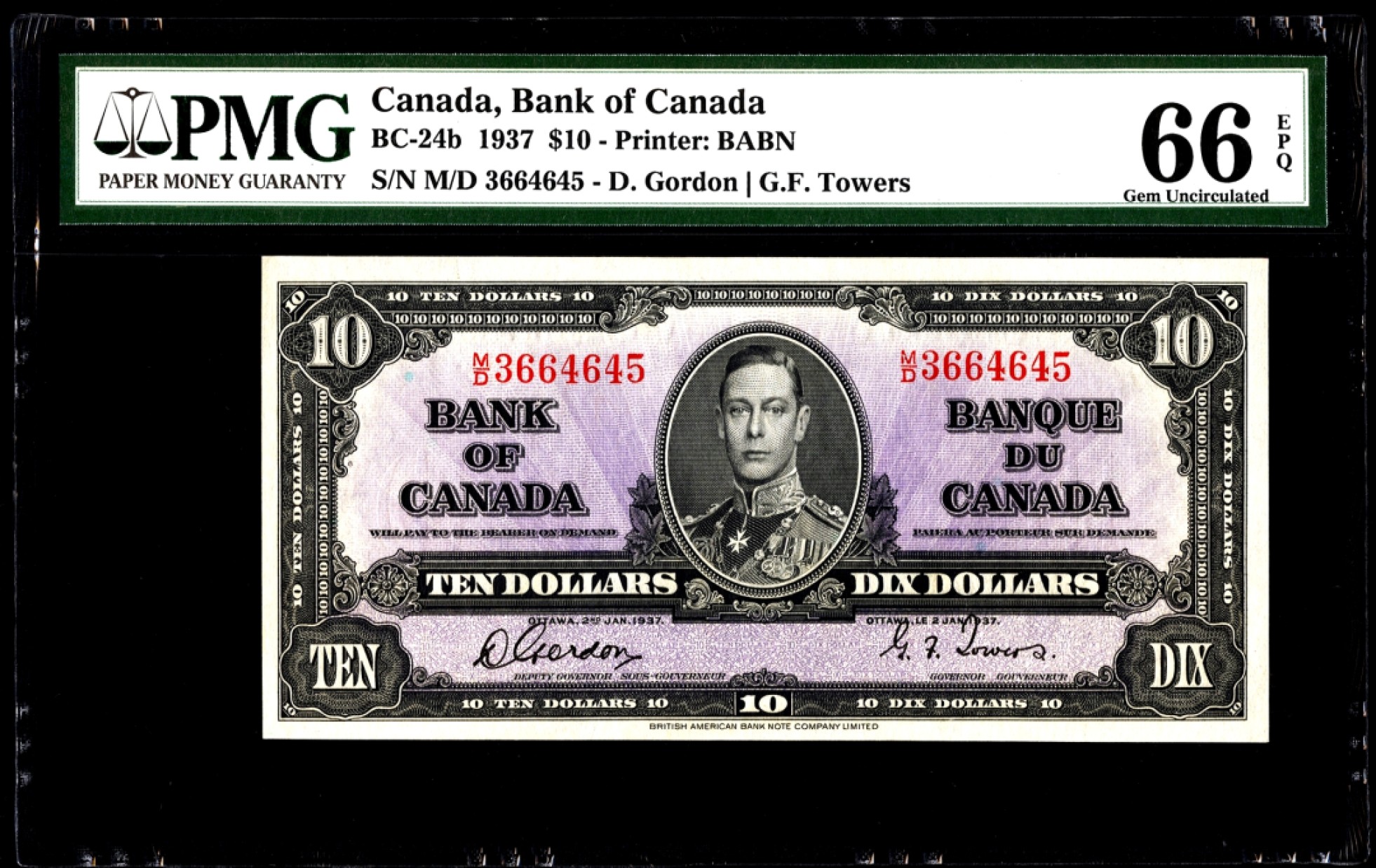 【Blue Auction】✨世界纸币精拍第280期——喜迎新春特别场【精】 加拿大 1937年10元 PMG66EPQ 高分 英王乔治 背面墨丘利和各种交通工具雕刻精美