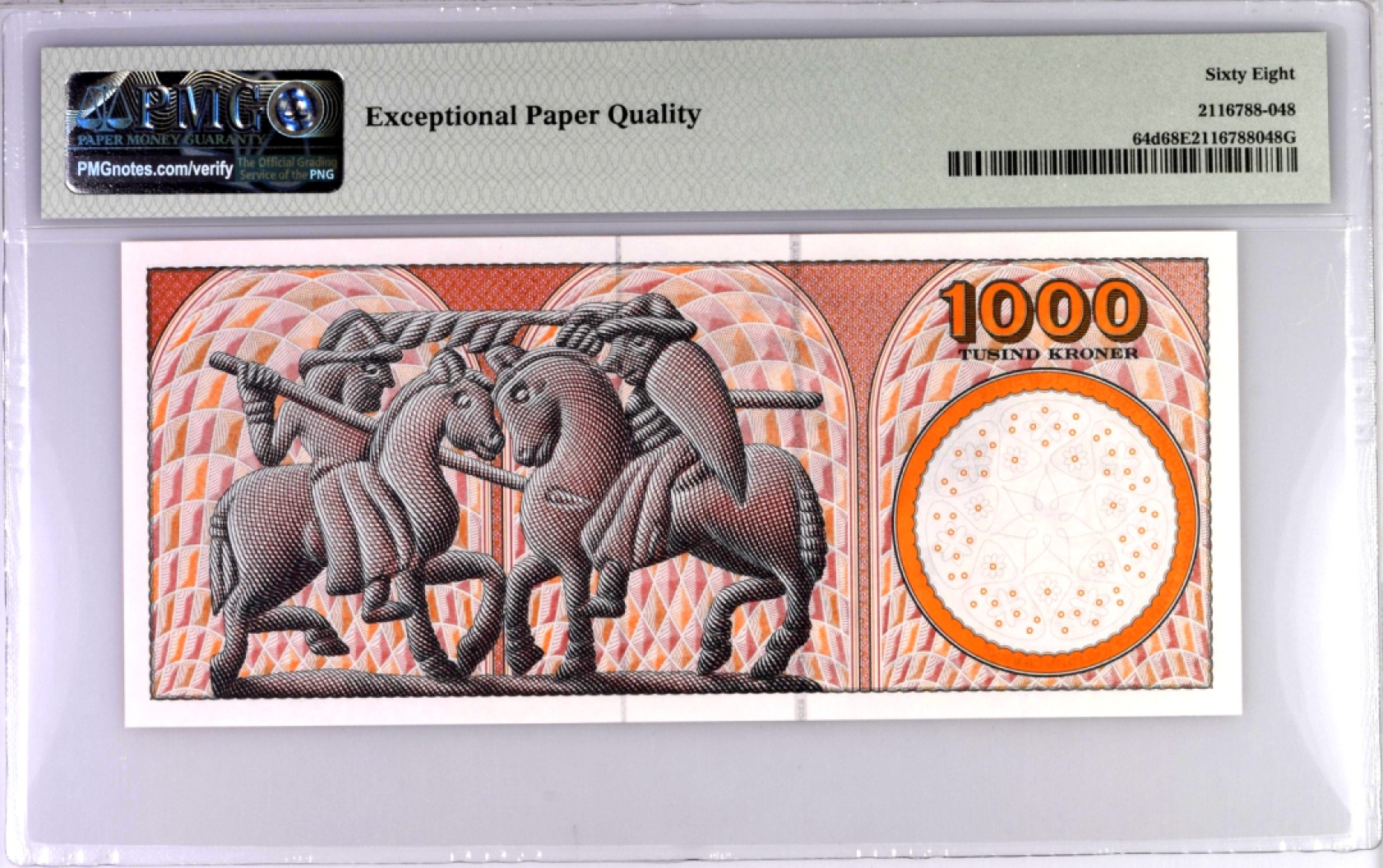 【Blue Auction】✨世界纸币精拍第280期——喜迎新春特别场【精】 丹麦 浮雕版 p64d 2006年1000克朗 PMG68EPQ 超高分少见 正面画家迈克尔·安彻和安娜 背面Tournament scene stone relief (Bislev church)